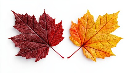 Fototapeta premium Autumn-colored grape leaves with detailed veins, natural colors of red and orange, realistic illustration, isolated on white background