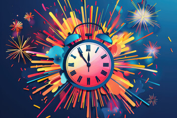 Fototapeta premium Retro alarm clock with colorful fireworks in the background, bri