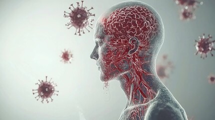 A digital illustration showing a human head with visible blood vessels, alongside floating virus representations, emphasizing the interaction between the human body and pathogens.
