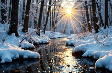 thaw, snow melting, close-up view of beautiful morning forest and stream