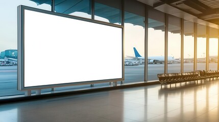 A blank advertisement board in an airport terminal with planes and seating in the background.