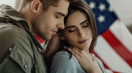 Fototapeta premium A heartfelt moment captured on Memorial Day, showcasing love and bravery with a couple and the American flag.