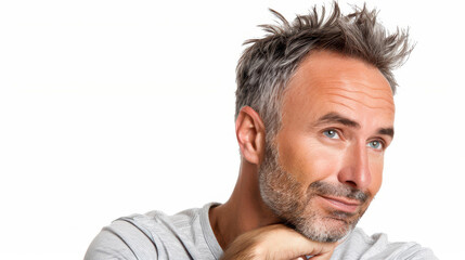 Fototapeta premium A charming greyhaired man in a casual tee exudes confidence with a natural smile and relaxed profile pose against a white backdrop.