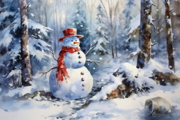 Fototapeta premium Snowman in the forest, watercolor painting 