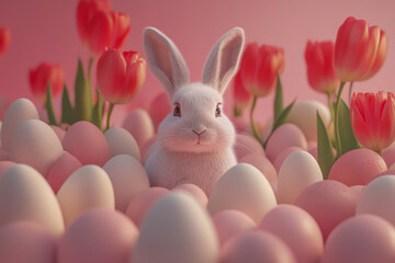 Cute white bunny among pink easter eggs and tulips