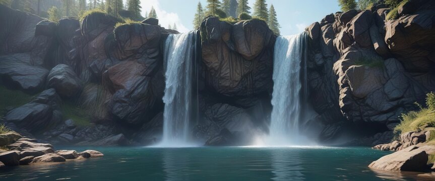 A cascading waterfall drops from the top of a rocky cliff into a crystal-clear lake, stone, lake