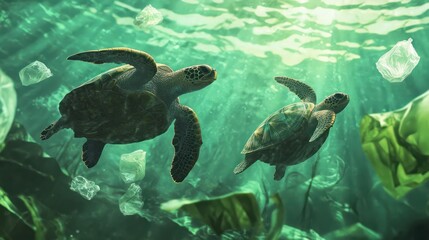 Obraz premium Environmental issue of plastic pollution problem. Sea Turtles can eat plastic bags mistaking them for jellyfish.