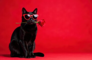 Black cat wearing heart shaped sunglasses holding red daisy in mouth on bright red background...