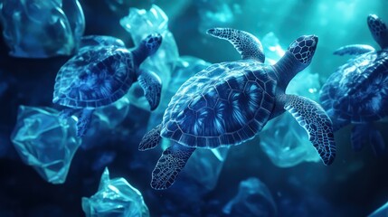 Environmental issue of plastic pollution problem. Sea Turtles can eat plastic bags mistaking them for jellyfish.