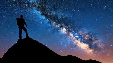 Fototapeta premium A lone figure gazes up at the vast Milky Way, surrounded by a sea of stars on a tranquil night.
