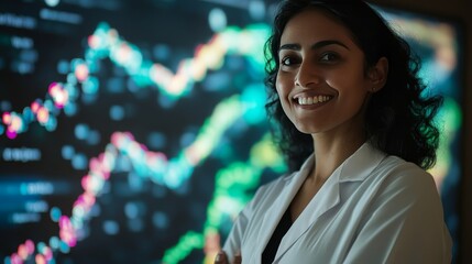 A woman is standing in front of a computer screen with a graph on it. She is smiling and wearing a white lab coat