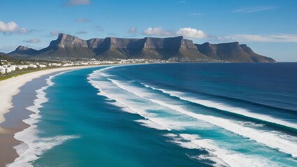 Stunning coastal landscape with a white sandy beach, turquoise ocean waves, rugged mountains, scattered clouds, and a charming town nestled by the shoreline.