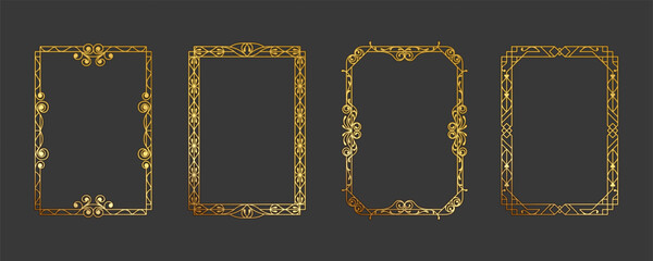Golden engraved frame set. Vintage frame template a4 paper. Decorative, fantasy, divider, curl and vignette, arabic elements, floral pattern, invitation, royal, ornate. Isolated vector set.