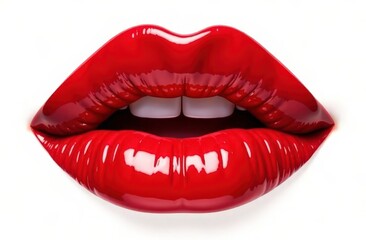Obraz premium Close-up of glossy red lips isolated on white background. Concept of beauty, glamour, and sensuality.
