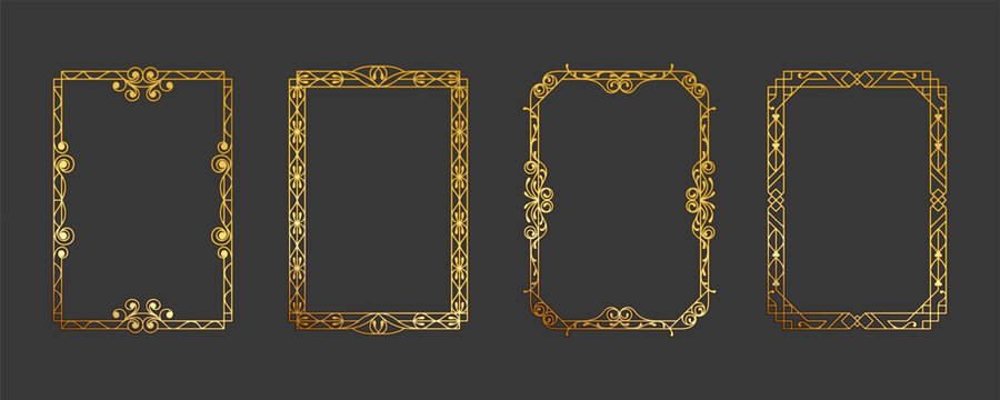 Golden engraved frame set. Vintage frame template a4 paper. Decorative, fantasy, divider, curl and vignette, arabic elements, floral pattern, invitation, royal, ornate. Isolated vector set.