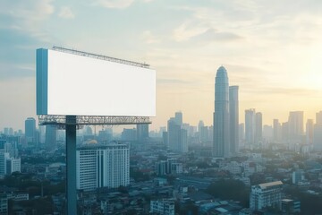 A blank billboard stands tall against a city skyline at sunset.