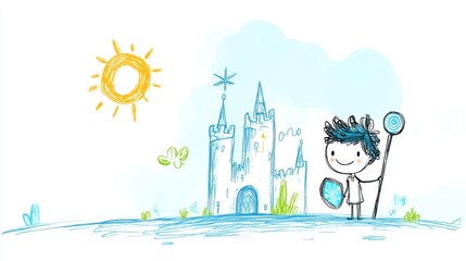 Playful Child with Shield and Wand in Front of Fantasy Castle Under Bright Sunlight