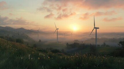 Obraz premium Scenic view of wind turbines at sunrise, surrounded by misty hills, showcasing renewable energy and nature's beauty.