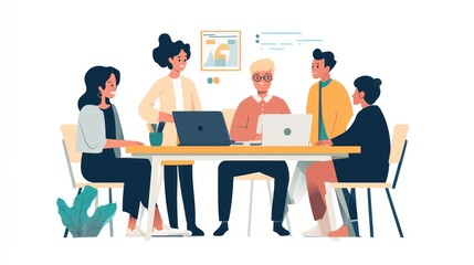 Diverse team collaborates around table using laptops.