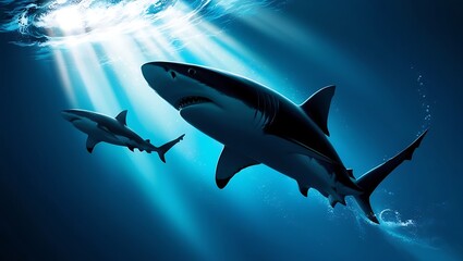 Obraz premium Sharks swimming underwater in a deep blue ocean, illuminated by sunlight rays breaking through the surface, creating a dramatic and serene marine atmosphere.