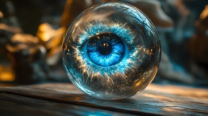 Mystical crystal ball reveals a glowing blue eye surrounded by ethereal energies and enchanting atmosphere