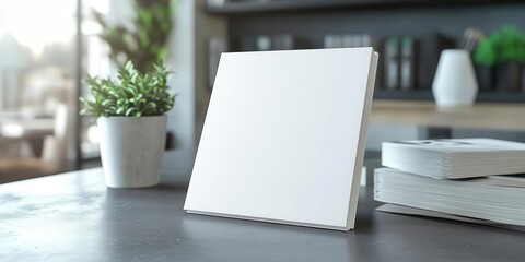 Fototapeta premium A blank canvas on a desk with a potted plant and stacks of paper in a modern workspace.