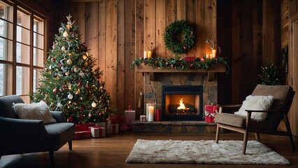 Fototapeta premium A glowing fireplace surrounded by rustic wooden walls, a beautifully decorated Christmas tree, and festive ornaments in a cozy holiday setting