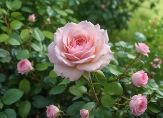 Fototapeta premium A delicate pink rose blooms among clusters of green leaves and twigs in a picturesque meadow, nature, twigs