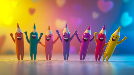 Colorful smiling pencils dancing in vibrant heart-filled background