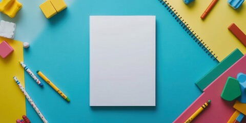 A blank canvas surrounded by colorful stationery for creative projects.