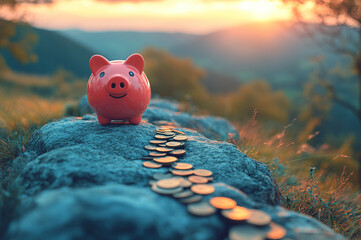 A pink piggy bank perched on top of a mountain, with a long winding path of coins leading to it, symbolizing the journey to financial security, financial concept.