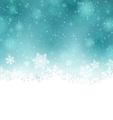 Fototapeta premium Vector illustration of a frosty winter background featuring white snowflakes and soft blue bokeh, creating a serene scene.
