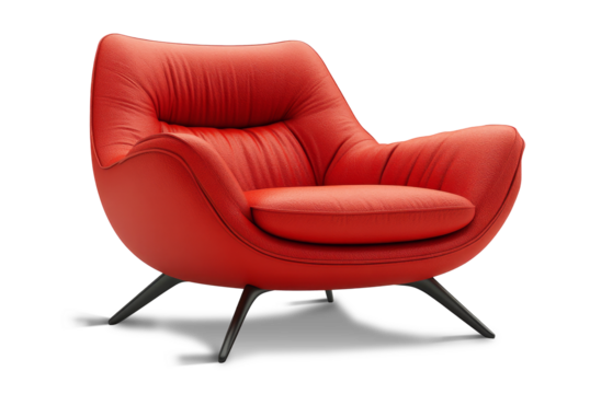 This sleek, modern armchair features a vibrant red upholstery with a curved silhouette, perfect for adding a pop of color to living rooms. Its clean lines and supportive design enhance any decor.