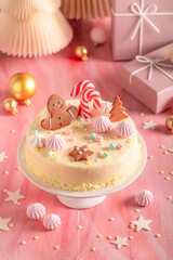 White Christmas cake with candy cane and cookies for Christmas.