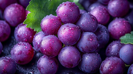 Fresh purple grapes with water droplets and green leaves