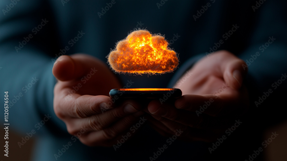 Canvas Prints glowing cloud image above smartphone held in hands