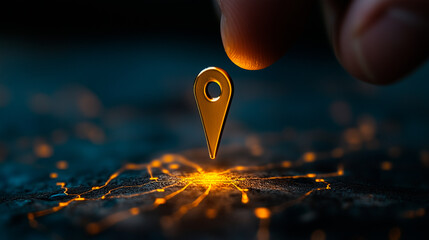 Gold Map Pin Descending onto Illuminated Network Surface