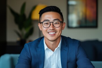 Obraz premium Portrait of Smiling Man Wearing Glasses and Blue Suit in Bright Living Room Setting