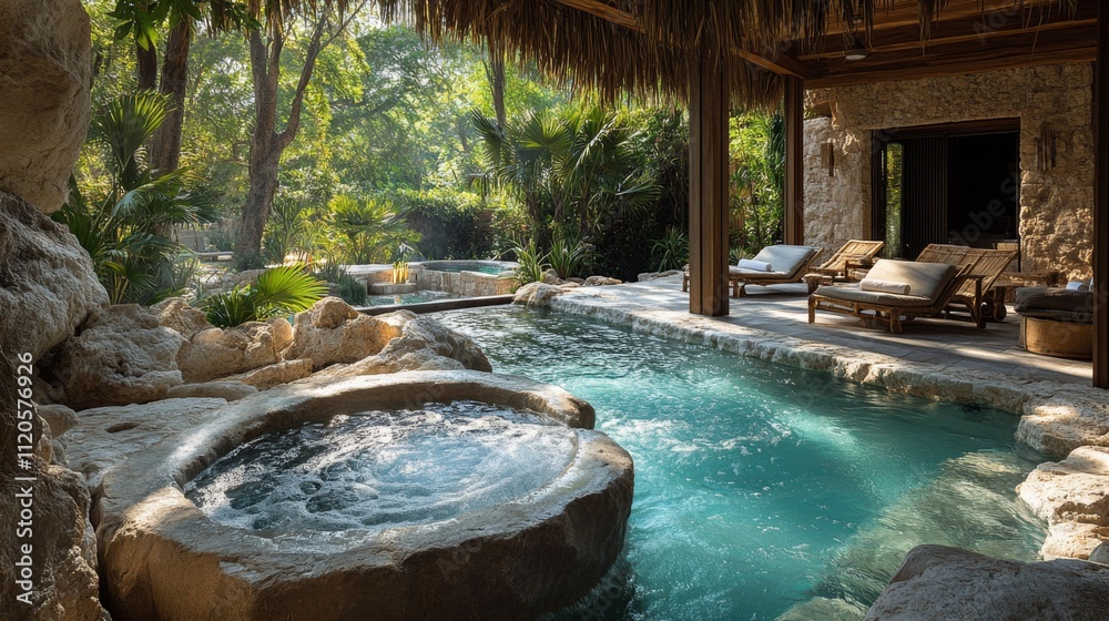 Poster a tranquil setting features inviting stone hot tub and pool surrounded by greenery. the warm glow of