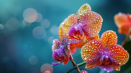 A close-up of vibrant orchids adorned with water droplets against a soft, blurred background.