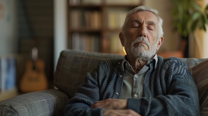 Gray-haired man with Parkinson's syndrome and tremor in his hands, sitting with closed eyes on a couch at home.