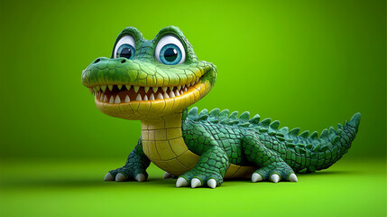 Fototapeta premium Cute cartoon alligator with big eyes on bright green background