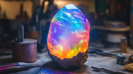 Illuminated resin art piece resembling a gemstone, sitting on a workbench.
