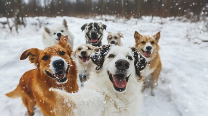 A funny scene of dogs taking a selfie during a snowy Christmas day.