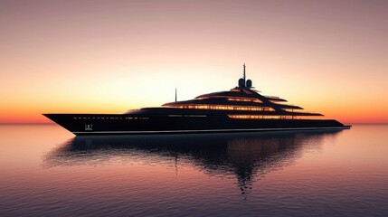 Fototapeta premium A luxurious yacht silhouetted against a vibrant sunset over calm waters.