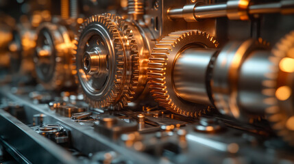 Fototapeta premium Intricate close-up of metallic gears and cogs in industrial machinery