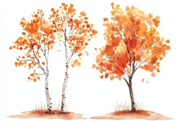 Obraz premium Beautiful Autumn Trees in Vibrant Orange and Yellow Leaves, Perfect for Seasonal Illustrations, Craft Projects, and Home Decor Designs, Capturing Nature's Transitions