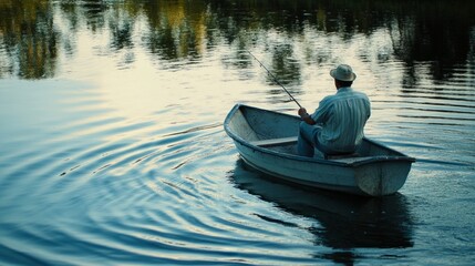 Fisherman in a small rowboat, holding a fishing rod, ripples on the water generative ai