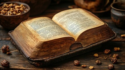 Obraz premium Ancient Book Rests Open With Nuts Nearby