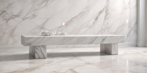 A light and airy cloud sits atop a stylish modern white marble bench, contemporary, mood